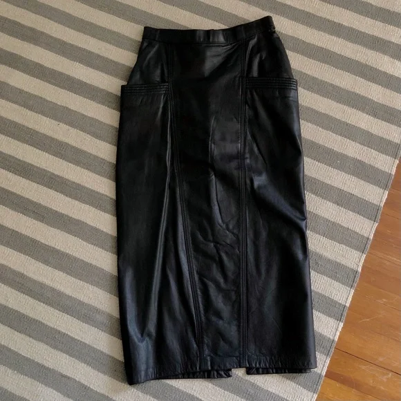 vintage (avanti) 1980’s - 100% genuine leather black midi skirt - Picture 1 of 8